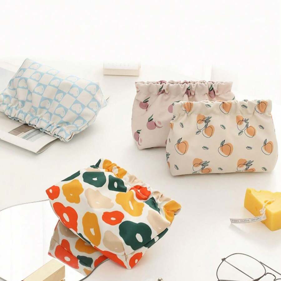 女士化妝工具攜帶包,大容量收納袋,帶磁扣關閉,花卉印花,適用於鑰匙、口紅等用品 - 紫色 - 查看 1