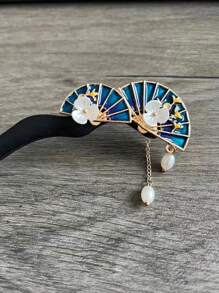1 chiếc kẹp tóc phong cách cổ điển hình quạt, hạt màu trắng, hoa, ngọc trai, kẹp tóc trang trí bằng gỗ đàn hương đen, thiết kế tua rua thích hợp để đeo hàng ngày, phụ kiện tóc thanh lịch, búi tóc, máy làm búi tóc, kẹp tạo kiểu tóc - Màu xanh lam - Xem 4
