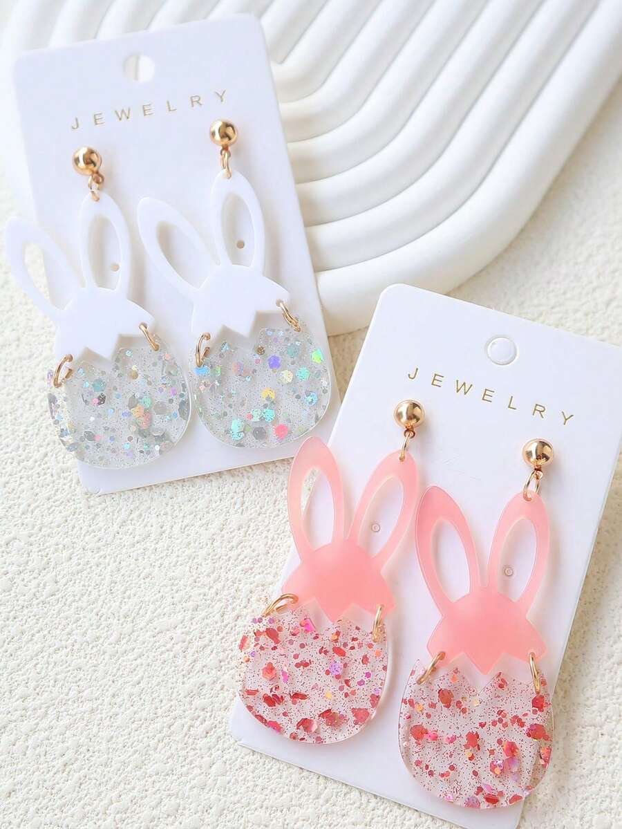 1 par de pendientes de Pascua con forma de conejo y huevo de acrílico, con diseño de oreja de conejo transparente y brillante, joyería divertida y personalizada, accesorio de regalo para fiestas - conejo - Ver 1