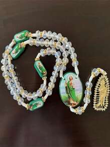 1 Stück Rosenkranz mit Heiliger Judas grünen Kristallperlen, katholische Halskette mit Kreuzanhänger, Schutz, Segen, katholischer handgemachter Schmuck, Geschenkanhänger, Auto-Anhänger, Geschenk zu Weihnachten, Halloween, Valentinstag für Männer und Frauen