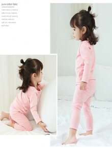Baby Girl Solid Color Thermal Lined Long Sleeve Top And Long Pants Set - Pink - View 3