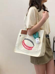 Stylish Korean Style Literary Alphabet Tote Bag, Large Capacity Canvas Bag Suitable For Students And Casual Occasions. - White - View 3