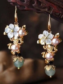 1 Pair Vintage Freshwater Faux Pearl Women's Earrings Exquisite Shell Flower Pendant Earrings Fashion Jewelry Birthday Gift - Flowers - View 1