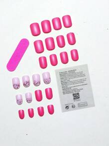24入組/套短方形粉色亮片假指甲套件（含指甲銼和指甲果凍膠）讓您魅力四射 - 彩色 - 查看 2