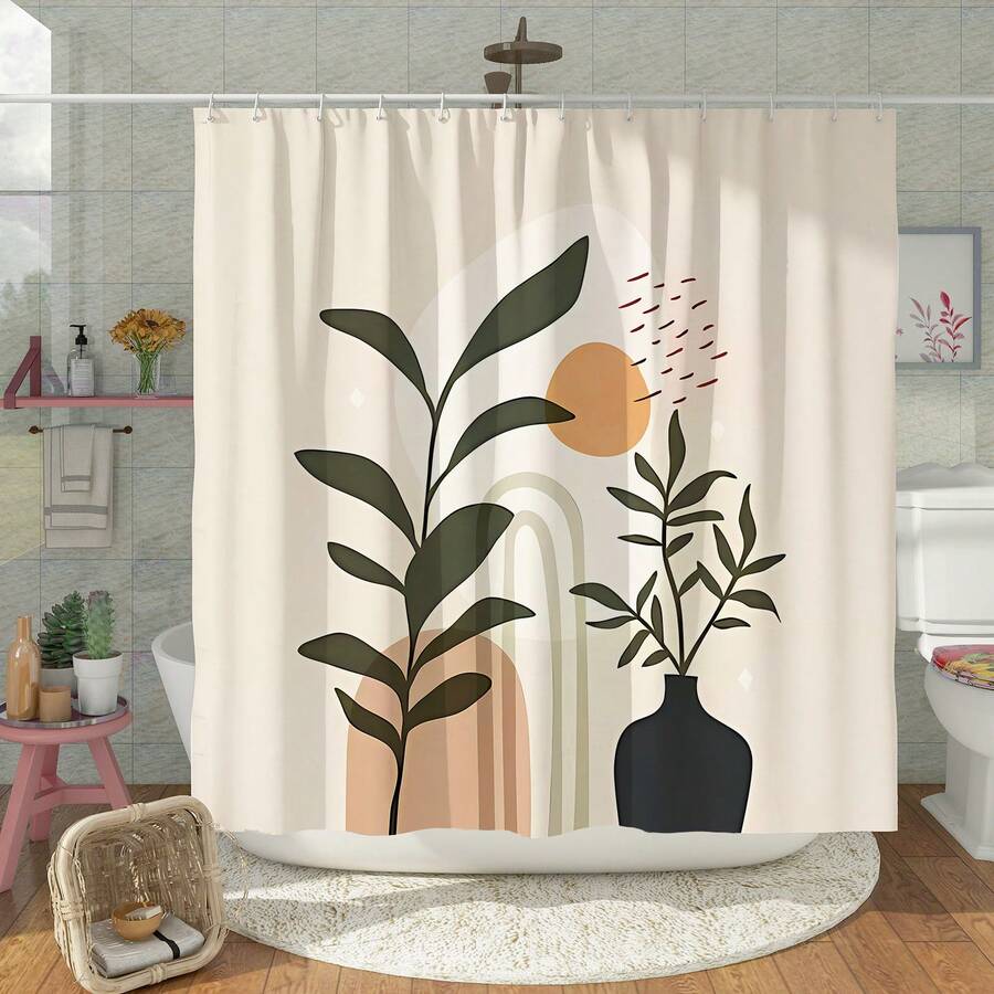 1片花卉夕陽褐色淋浴簾boho抽象聚酯纖維182x182cm/72x72inch防水淋浴簾,附12個掛鉤,適用於浴室裝飾和禮物贈送 - 棕色 - 查看 1