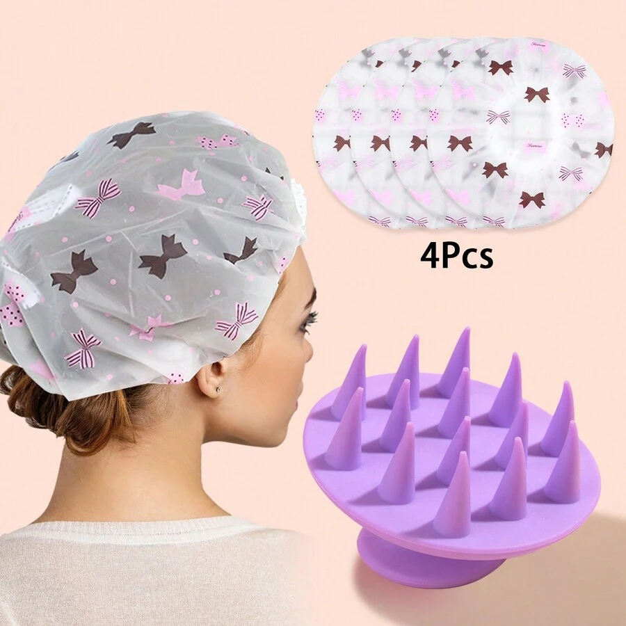 1個洗髮刷和4個浴帽eva新款高端防水浴帽加厚成人女士洗髮帽防水浴帽方便的美髮工具 - 彩色 - 查看 1