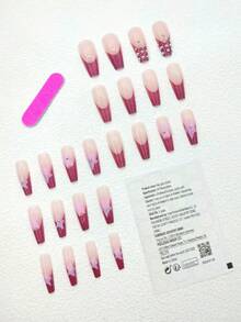 24入組長棺材粉紅色法式星星圖案鋼球假指甲和1入組指甲銼和1張指甲膠帶適合女士和女孩，營造浪漫氛圍 - 彩色 - 查看 2