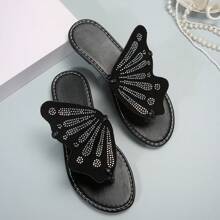 女式時尚休閒蝴蝶裝飾和鑽石設計拖鞋 - 黑色 - 查看 5