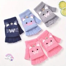 1pair Knitted Gloves With Half Finger Cute Cartoon Thickened Flap To Keep Warm In Autumn And Winter - Pink - View 6