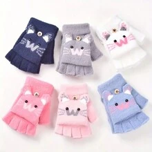 1pair Knitted Gloves With Half Finger Cute Cartoon Thickened Flap To Keep Warm In Autumn And Winter - Pink - View 7