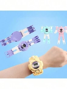 1 Pieza Reloj Juguete Robot Transformable En Morado, Regalo Creativo De Reloj Electrónico Para Niños Y Niñas - Morado - Ver 4