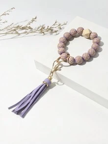 New Arrival Cute Tassel Keychain Bracelet Beaded Plaid Diy Handmade Keyring A Wooden Decorative Keychain Accessory For Phone, Car, Gift For Valentine'S Day, Anniversary, Birthday, Festival. A Creative Gift For Girlfriend, Friend - Multicolor - View 8