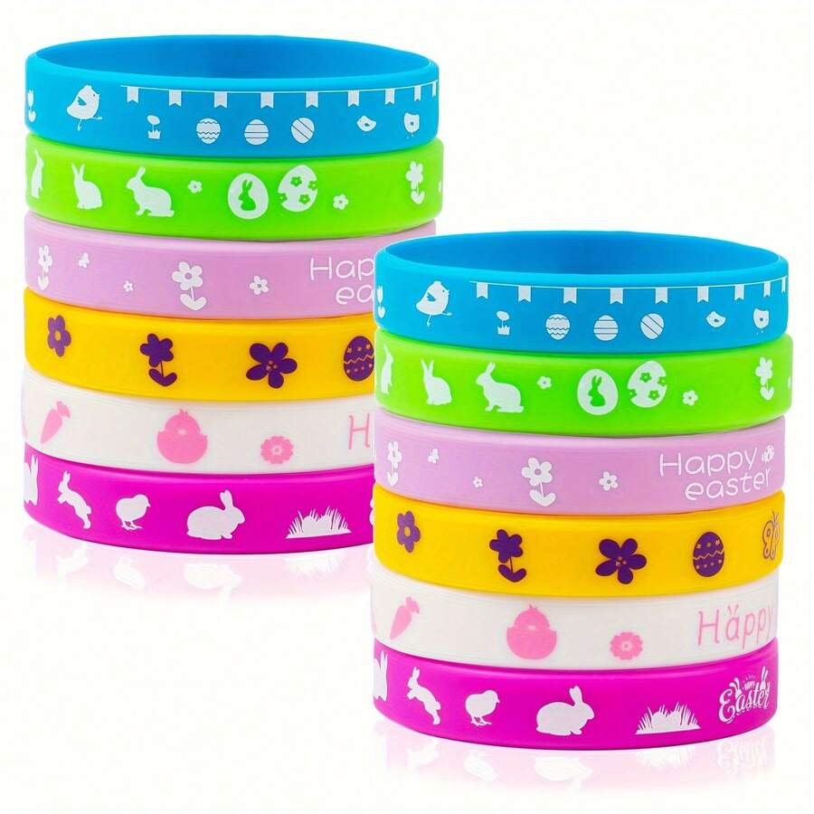 12入組,彩色復活節橡膠手環、矽膠手環,復活節派對禮品用品,禮物、復活蛋裝飾、籃子填充禮品用品 - 彩色 - 查看 1