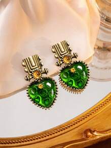 1對歐美復古優雅淑女設計鍍金老式綠石愛心耳環,適合女性日常/節日穿戴,非常適合作為母親/朋友的禮物和珠寶 - 耳環 - 查看 5