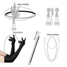 7入組1920年代花樣少女頭箍、手套、流行項鍊、香煙套、耳環服裝配件套裝,適用於狂歡20年代派對、晚間表演和嘉年華時尚裝扮復古風格 - 銀色 - 查看 5