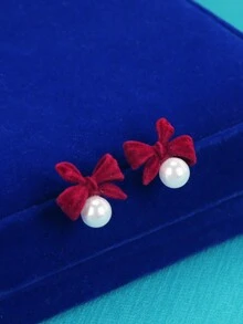 1對女士不尋常的蝴蝶結耳環，配飾柔軟珍珠裝飾，秋冬時尚必備 - 彩色 - 查看 1