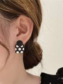 1pair Asymmetrical Square & Circle Black & White Geometric Design Simple & Fashionable Earrings For Women's Jewelry - Multicolor - View 10