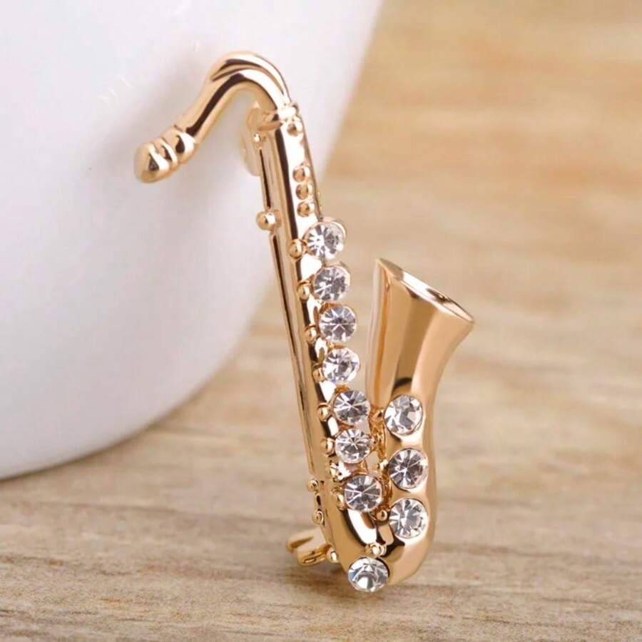 1pc Classic Saxophone Shaped Brooch With Crystal Embellishment For Suit