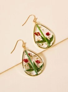 1pair Fresh Lovely & Fashionable Water Drop Shaped Real Dried Flower & Bamboo Leaf & Resin Flower Earrings For Women - Multicolor - View 4