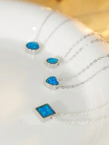 1pc 925 Silver Minimalist Geometric Shape (Square/Round/Heart/Teardrop) Australian Opal Pendant Necklace