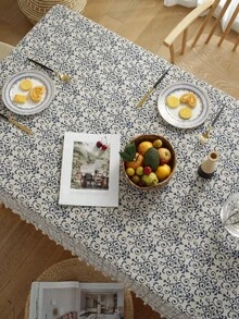 1pc Bohemian Style Printed Chinese Blue & Beige Tassel Tablecloth, Suitable For Western Restaurants, Kitchens And Coffee Shops Party Decorations - Multicolor - View 7