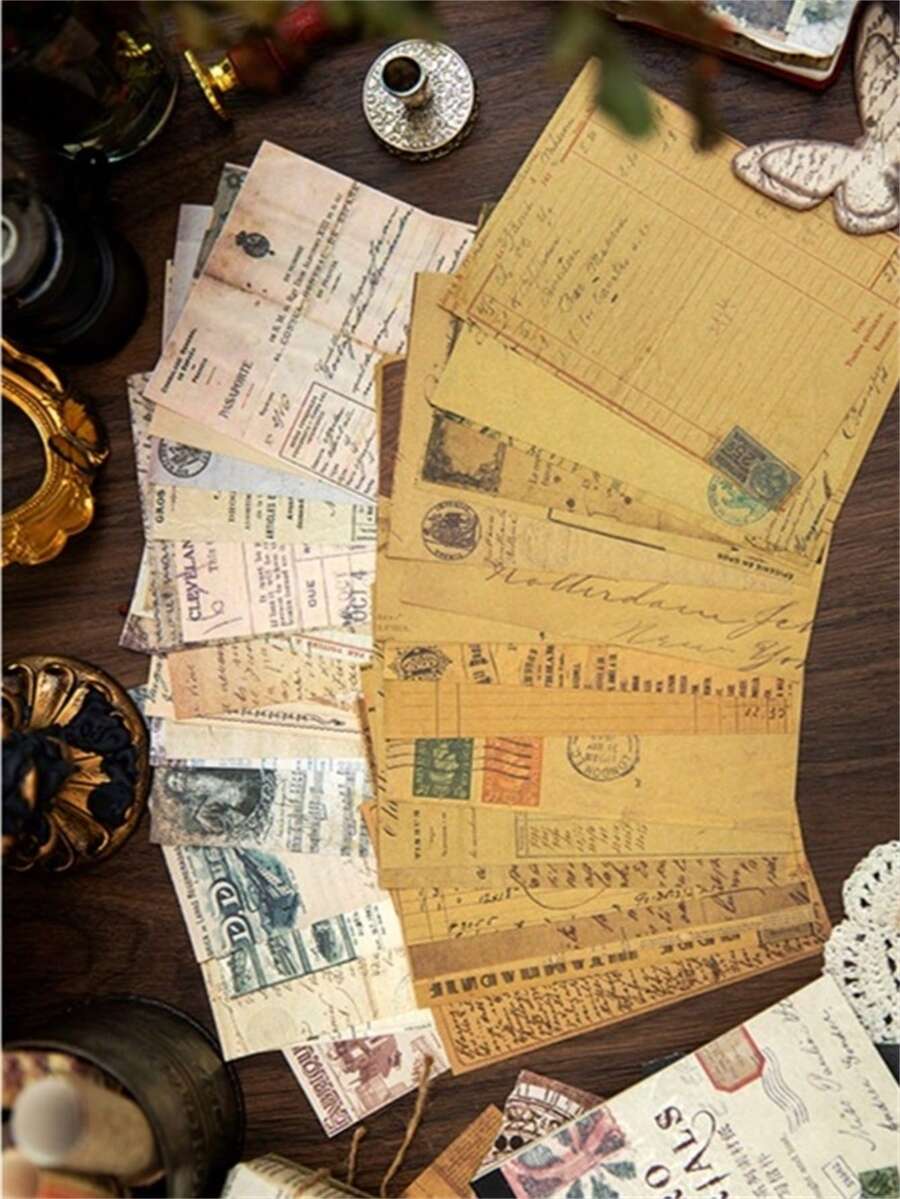 100張復古懷舊系列手帳剪貼紙材料,適用於日記裝飾和拼貼底紙 - 卡其色 - 查看 1