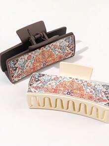 2入組油畫與風格印花pu皮革大鉗夾 - 彩色 - 查看 2