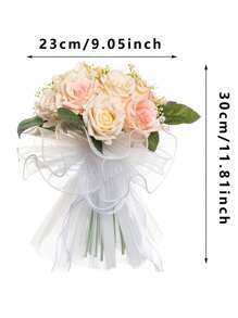 1pc Bridal Wedding Flower Bouquet, Champagne Pink Mixed Color Roses With Mesh Ribbon And Silk Tassels, Romantic For Valentine'S Day Proposal, Party Photos Or Bridesmaids Dresses Decoration - Pink - View 8