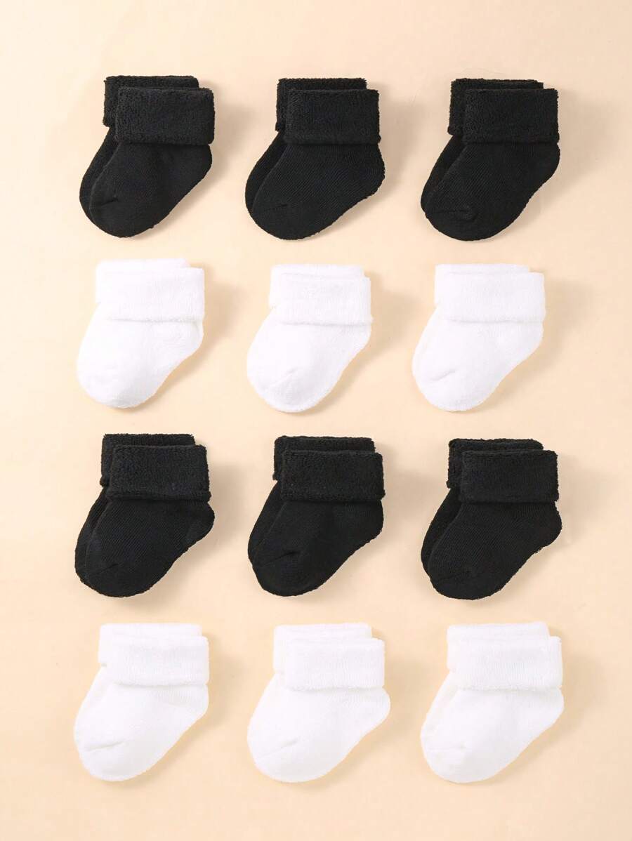 12雙中性嬰兒新生兒卡通毛巾襪 - 黑與白 - 查看 1