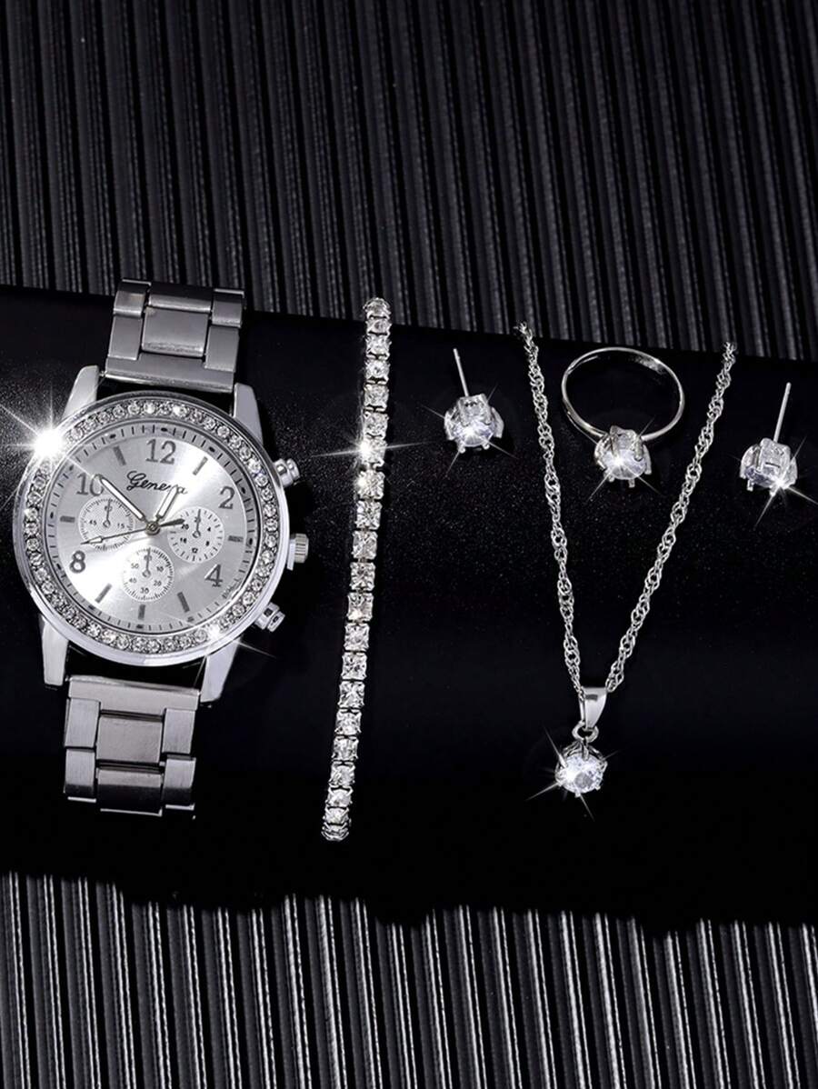 6pcs/Set Fashion Women's Round Steel Band Quartz Watch, Versatile Round Rhinestone Dial, Can Be Matched With Bracelets, Necklaces, Earrings, Rings And Other Jewelry To Form A Jewelry Set, Suitable For Daily Wear, Formal Events And Other Occasions, Also Can Be Used For Holiday Decorations. - Silver - View 1