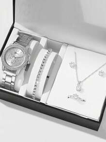 6pcs/Set Fashion Women's Round Steel Band Quartz Watch, Versatile Round Rhinestone Dial, Can Be Matched With Bracelets, Necklaces, Earrings, Rings And Other Jewelry To Form A Jewelry Set, Suitable For Daily Wear, Formal Events And Other Occasions, Also Can Be Used For Holiday Decorations. - Silver - View 2