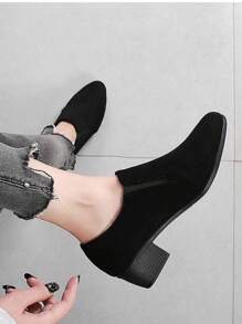 Giày Cao Gót Nữ Mũi Nhọn Phong Cách Pháp Thời Trang Đơn Giản, Gót Chunky, Da Lộn - màu đen - Xem 3