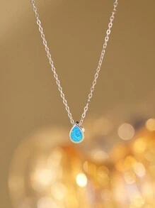 1pc 925 Silver Minimalist Geometric Shape (Square/Round/Heart/Teardrop) Australian Opal Pendant Necklace