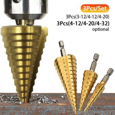 HSS Step Drill Bit Set 3Pcs/Set Hex Shank TiN Coated Wood Metal Hole Cutter Cone Stepped Drill Bit Set Metal Drills Impact Drill Accessories For Cutting Holes On Sheet Metal, Steel, Wood, Aluminum, Plastic Etc,Tool Accessories
