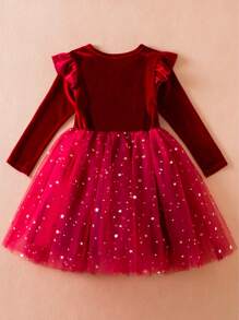 1pc Girls' Lovely Elegant Velvet Long Sleeve Star & Moon Shiny Tulle Party Dress With Petticoat, Autumn/Winter - Burgundy - View 3