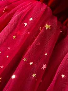 1pc Girls' Lovely Elegant Velvet Long Sleeve Star & Moon Shiny Tulle Party Dress With Petticoat, Autumn/Winter - Burgundy - View 5