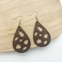 1pair Wooden Hollow-Out Water Drop & Tree Leaf Shaped Pendant Earrings For Women - Brown - View 1
