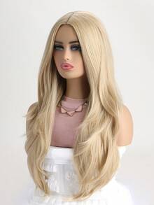 28-Inch Natural Golden Wavy Long Synthetic Fiber Hair With Center Parting Bangs, Fashionable Women's Synthetic Wig Suitable For Daily Wear, Halloween Costumes, Parties, Weddings, Birthdays, Nightclubs And Dance Parties - Gold - View 4