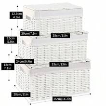3入組白色編織柳條帶蓋、 罩內襯和環的儲物籃,多功能收納組織器皿,適用於育嬰、嬰兒、衣物、玩具、書籍,大/中/小尺寸 - 白色 - 查看 2