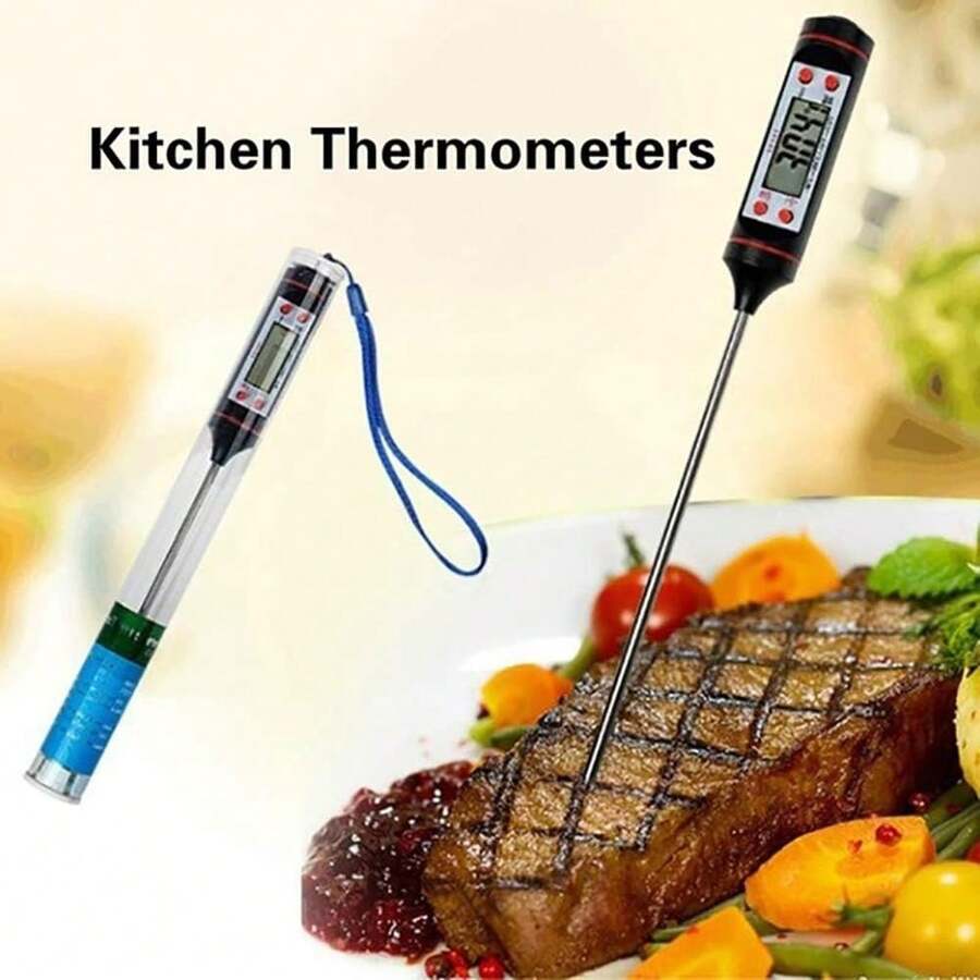 1pc Black Meat Thermometer And Timer, Instant Read Digital Cooking Thermometer, Electronic Food Temperature Gauge With Long Probe For Kitchen, Milk, Candy, Bbq And Grilling - Black - View 1