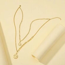 1條女士雙層鐘錶盤圓形吊墜項鍊 - 金黃色 - 查看 2