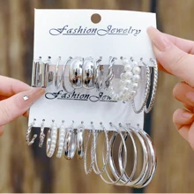 12pairs New Style C-Shape Faux Pearl Hoop Earrings Combination Pack - Silver - View 2