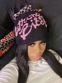 1 pièce Casquette tricotée élastique unisexe pour automne/hiver, style de rue de hip-hop, impression de lettre, chapeau de cagoule, gardant au chaud