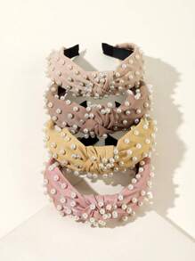 Băng đô thắt nút vải rộng 3 chiếc/4 chiếc thanh lịch có trang trí ngọc trai, thích hợp làm phụ kiện tóc hàng ngày và đồ trang trí hình đầu lâu - Nhiều màu - Xem 13