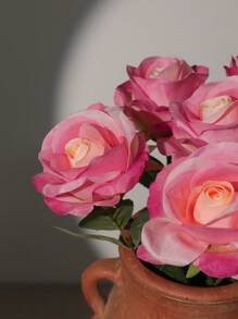 5pcs Artificial Pink & Yellow Rose Bouquet - powdery yellow - View 2