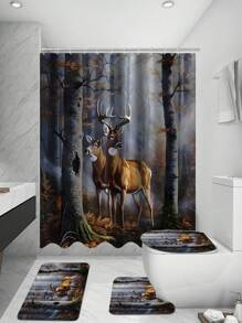 1入組森林鹿淋浴簾&馬桶墊&浴室地墊4件套,防水淋浴簾浴室配件附12個掛鉤 - 彩色 - 查看 7