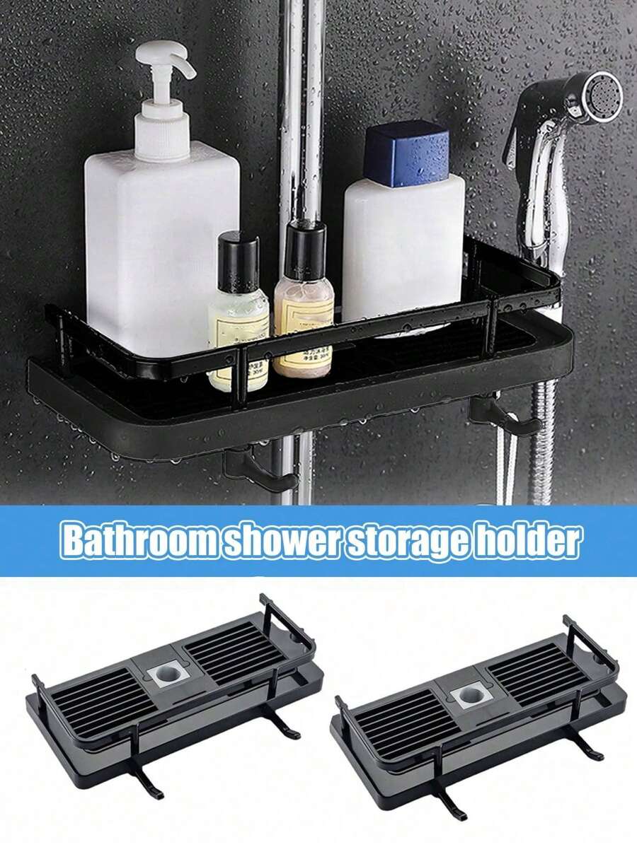 無需鑽孔的浴室淋浴架,帶調節托架和淋浴蛇皮收納架,浴室洗髮精肥皂碗架 - 黑色 - 查看 1