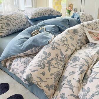 4入組花卉印花床上用品套裝,包括1個被套,1個床單和2個枕套,不含填充物,拼色現代床上用品,適用於臥室