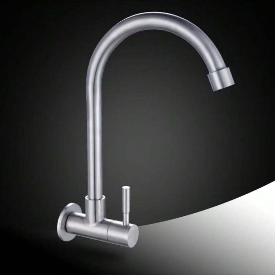 304 Stainless Steel Wall-Mounted Single Cold Horizontal Balcony Tap, Kitchen Wall-Mounted Large Curved Side Inlet Water Tap - 304 Stainless Steel Wall-mounted Elbow Type - View 1