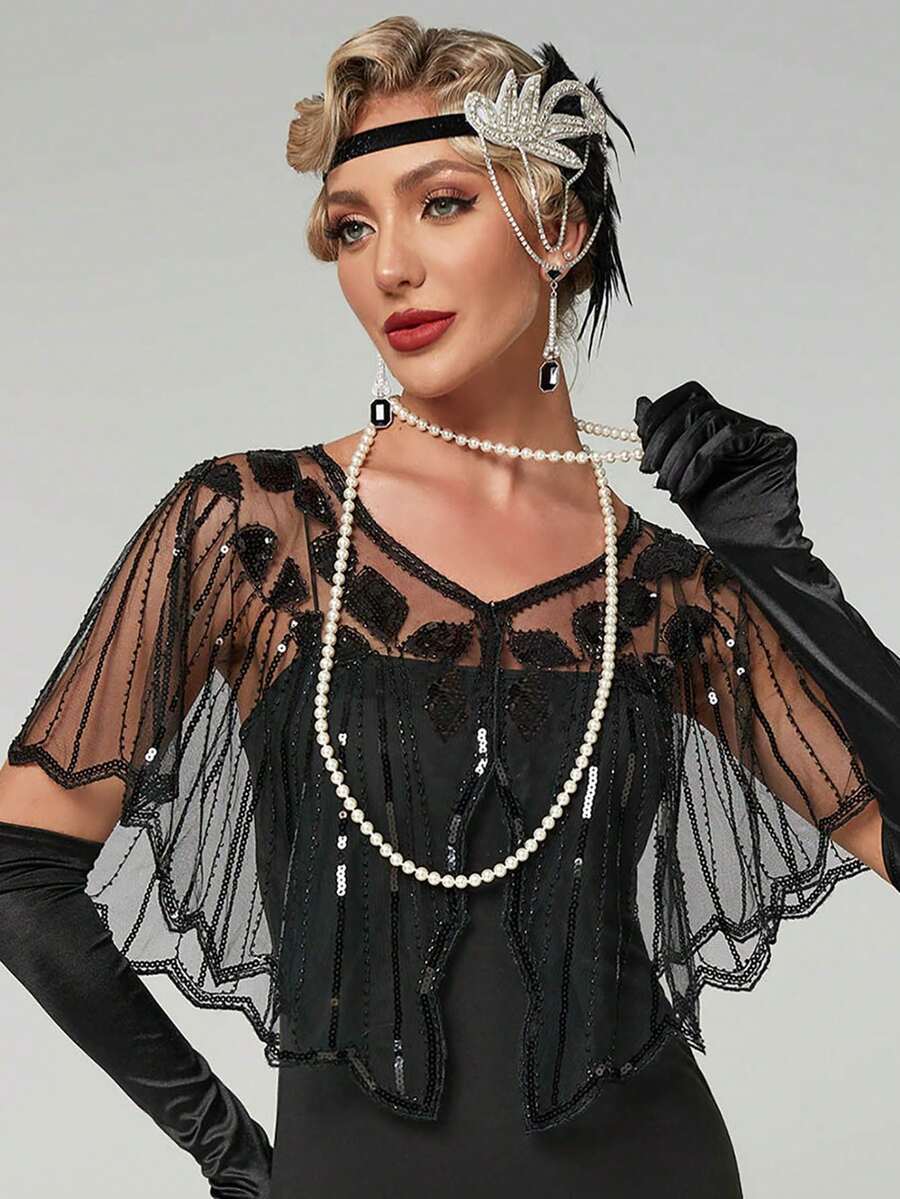 派对单件装女士轻盈闪亮晚礼服复古露脐上衣，披肩式肩部装饰，饰有大量珠饰 - 彩色 - 查看 1